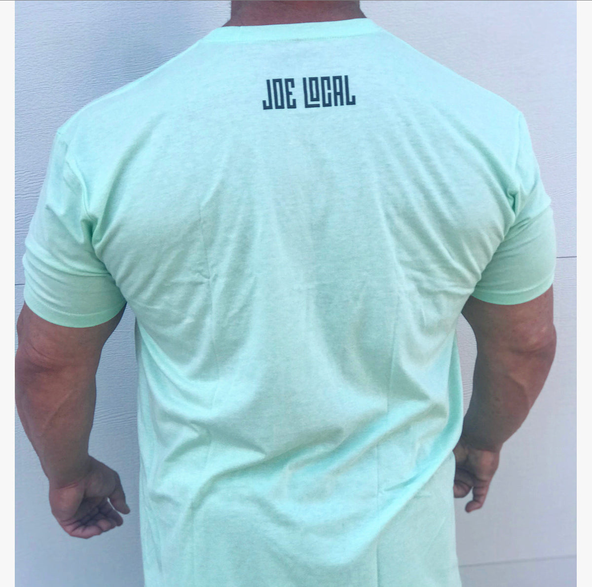 Back of the t-shirt. Joe Local Classic short sleeved Tee In Mint green with Joe Local Huntington Beach/So Cal Circled Logo. Joe Local Logo on upper back centered under the neck.