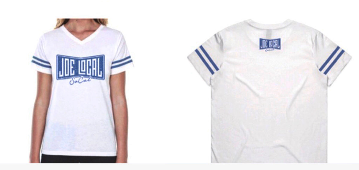 Joe Local SoCal Women’s Varsity T-Shirt with Blue or Black Joe Local Logo