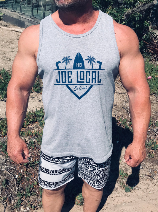 Joe Local SoCal Tank Top Athletic Heather w/Dark Blue SoCal/HB shield Logo 50:50 Cotton / Polyester blend  4.8 oz / 165 gram Joe Local SoCal/HB shield Logo on front Joe Local Logo on back .